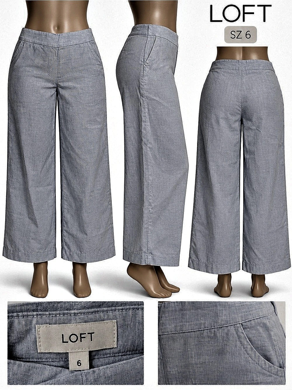 LOFT Pull On Wide Leg Pants in Striped Linen Cotton Blue Size 6